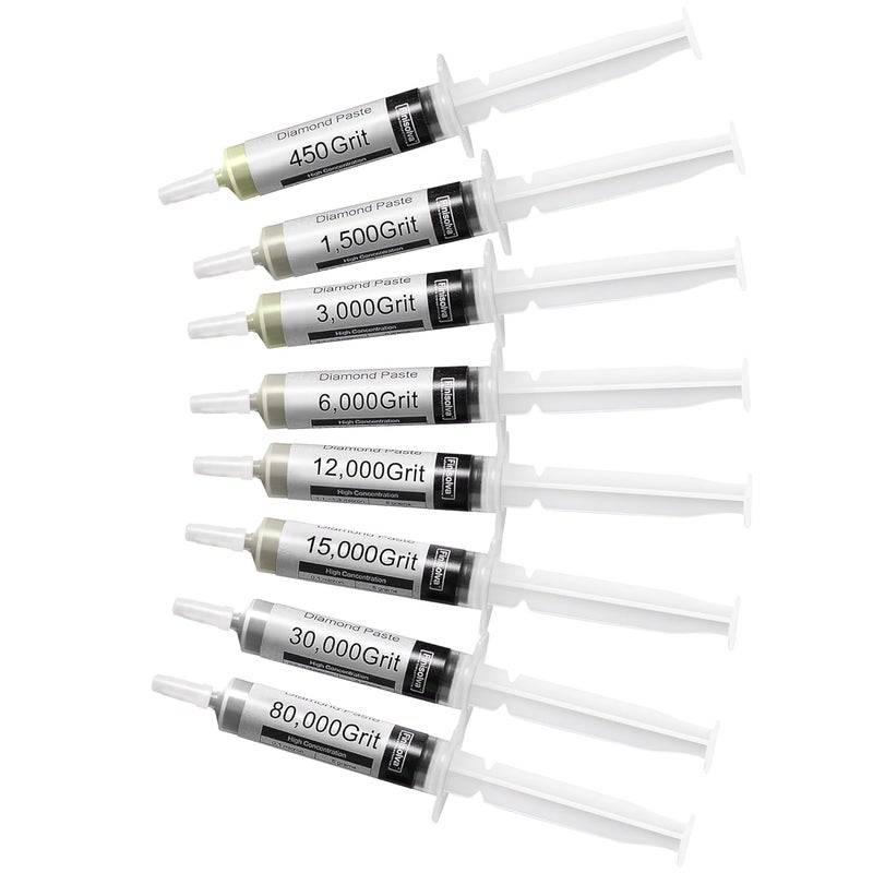 Finisolva 8 Pack Diamond Polishing Compound Genuine 30% Concentration Diamond Paste Kit 80,000 to 450 Grit Lapping Stropping Compound for Glass Watch Metal Knife Ring Jewelry Rock Resin Scratch Remover Repair - Image 1